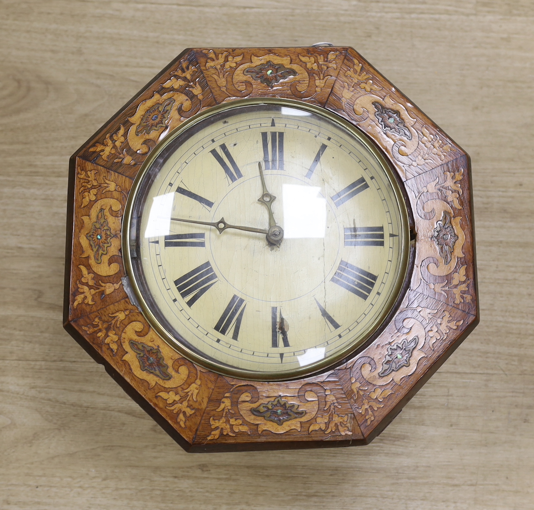 A Victorian marquetry dial clock, 34cm